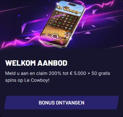 Mobile screen showing Le Cowboy slot game bonus offer with 200% up to €5,000 + 50 free spins