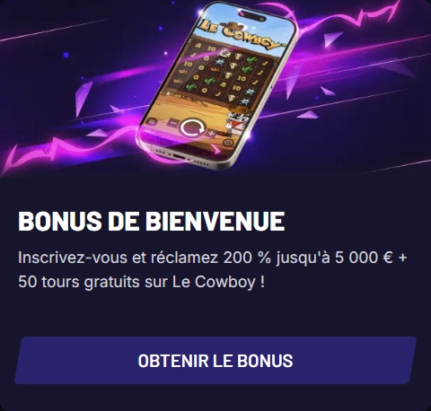 Mobile screenshot of "Le Cowboy" slot game bonus offer with 200% match and 50 free spins