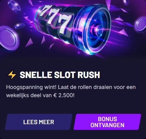 Fast Slots Casino promotional banner for "Snelle Slot Rush" with €2,500 weekly prize