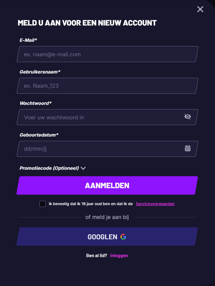 Fast Slots registration form with fields for email, username, password, and DOB
