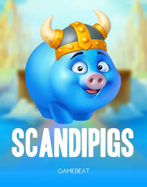 Blue cartoon pig wearing a Viking helmet, with "SCANDIPIGS GAMEBEAT" text